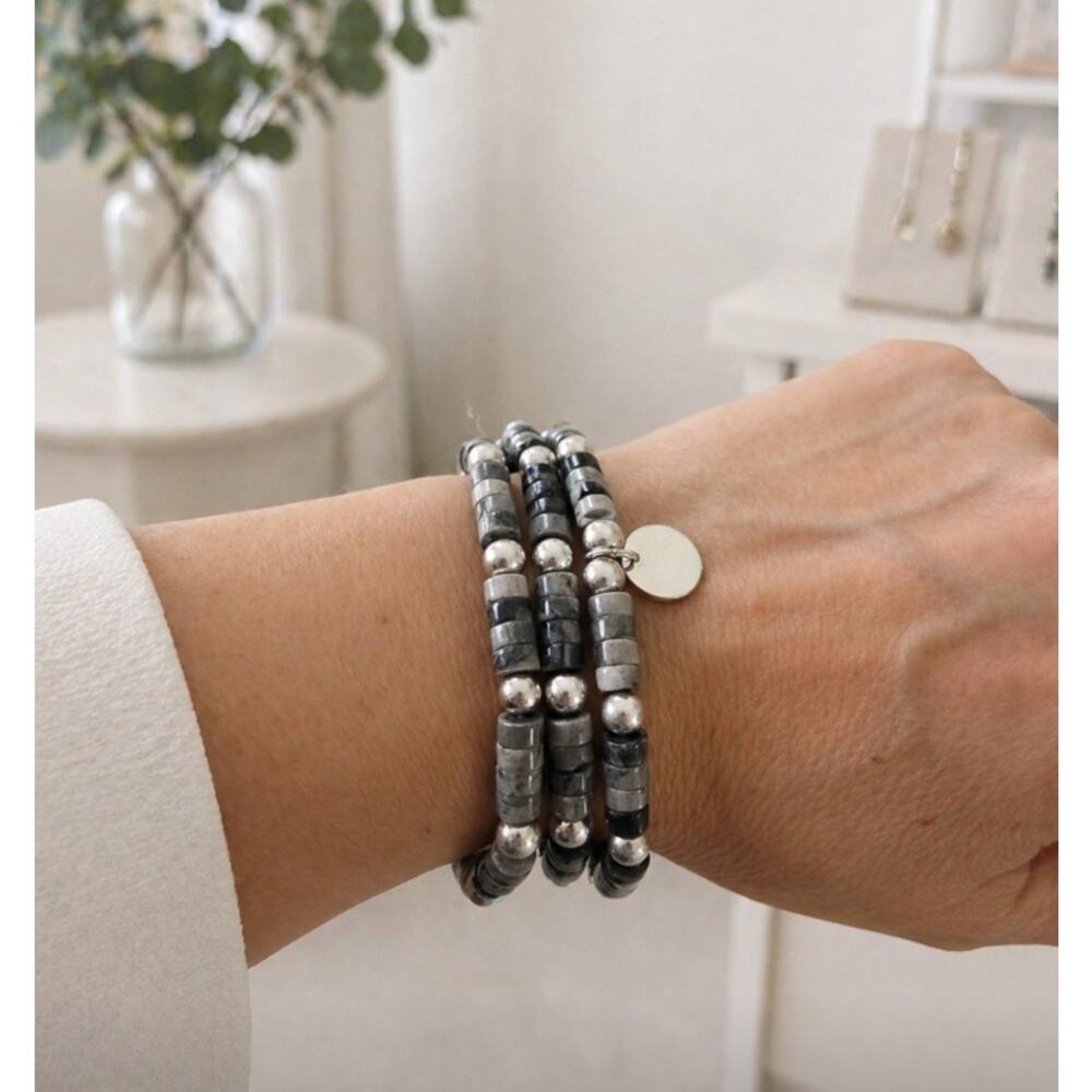 Pomina Gray Silver Beaded Stretch Bracelet New